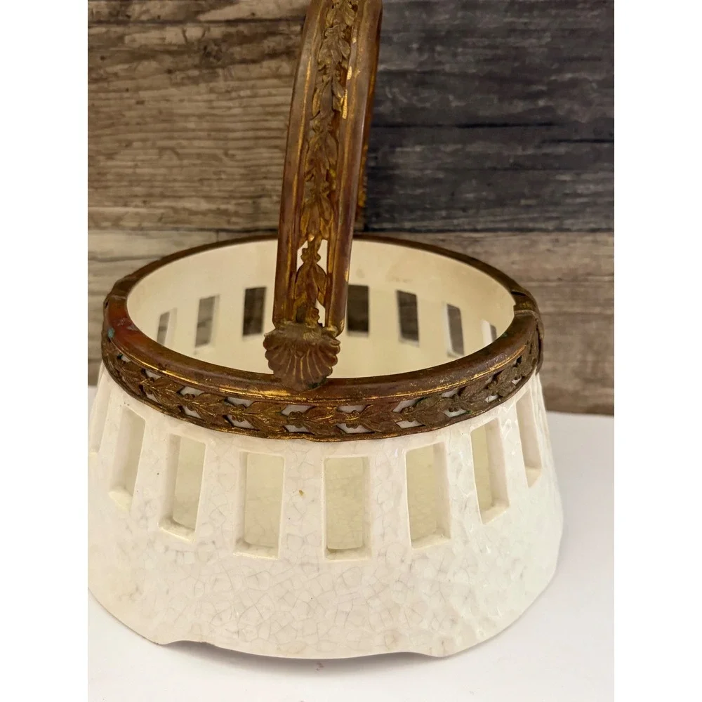 Antique Ceramic Creamware Basket Ornate Brass Handle Ribbon Leaf Trim Cream